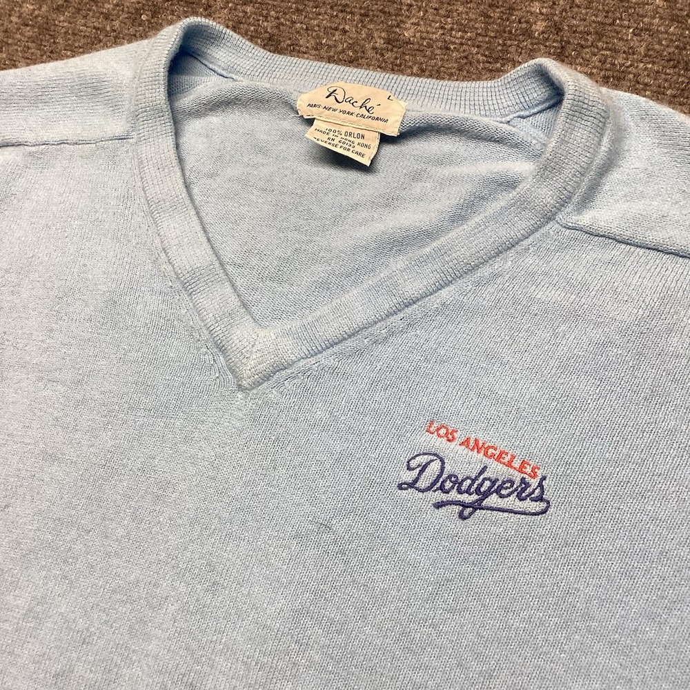 Vintage LA Dodgers Dache V-Neck Sweater Light Blue Orlon Mens L Made In HK 1980s
